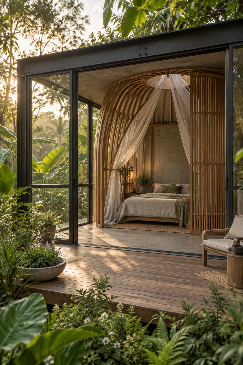 AI study of a curved timber sleeping alcove within a simple iron frame