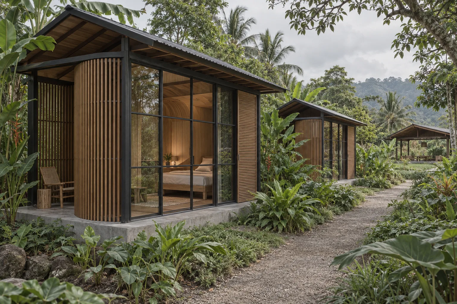AI study of small timber and glass sleeping cabins along a planted garden path