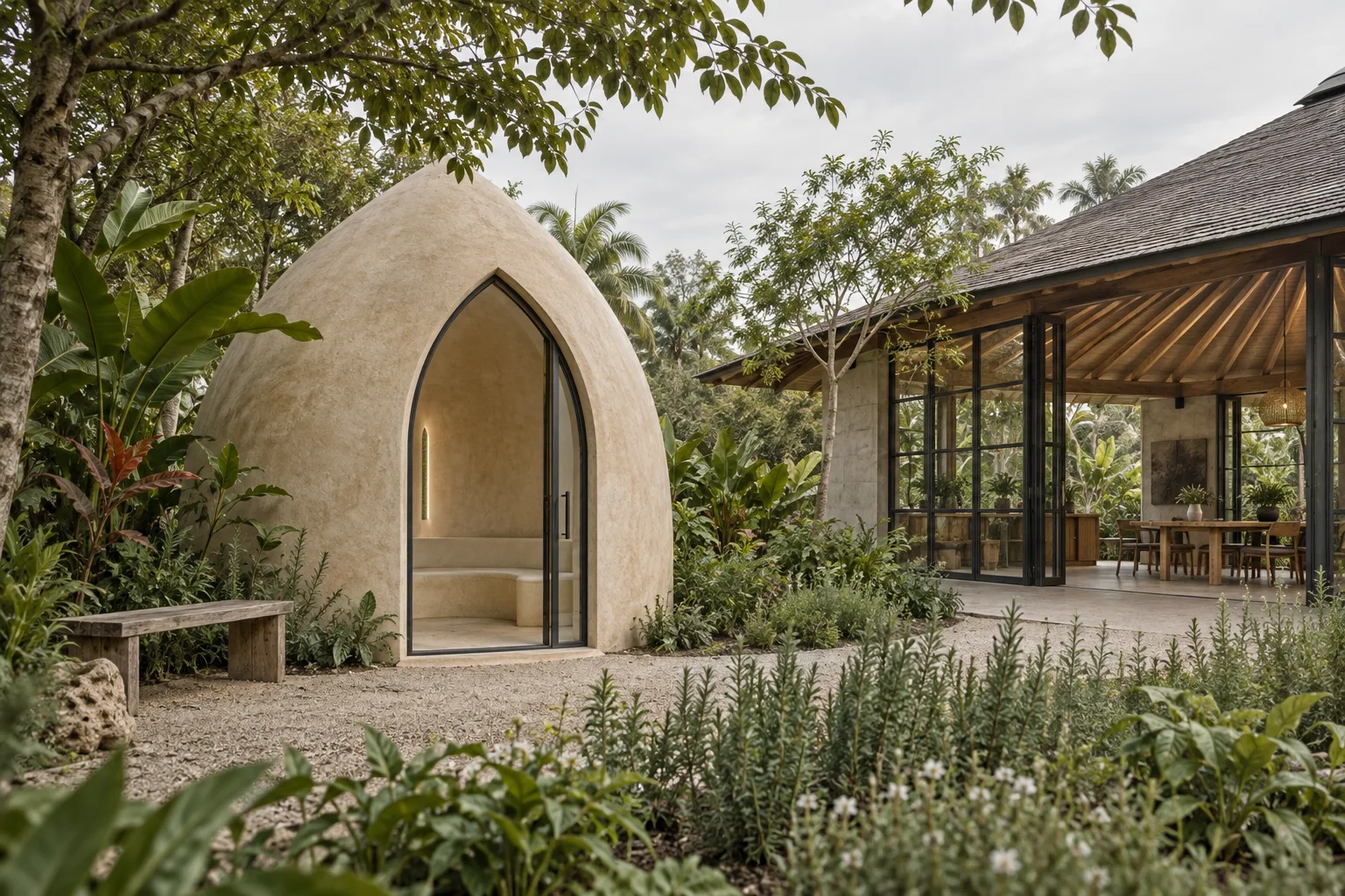 AI-generated compact outdoor ogive dome study beside the garden commons
