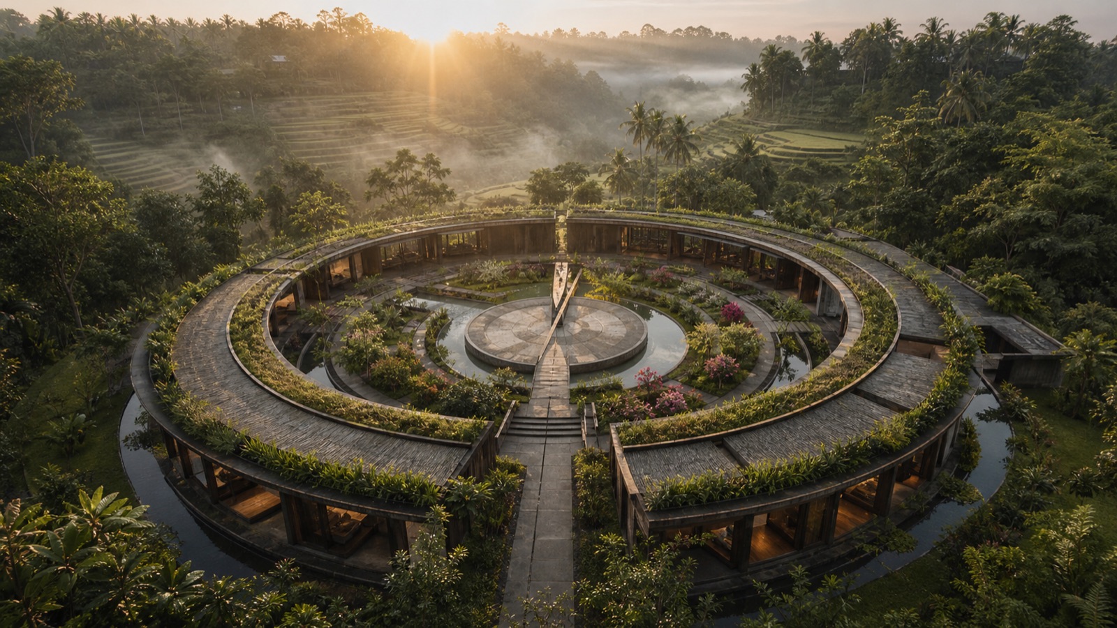 Conceptual aerial glimpse of a planted circular sanctuary in Bali