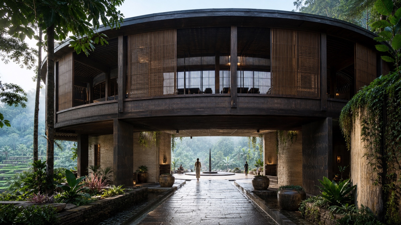 Conceptual circular timber threshold immersed in a tropical Balinese garden