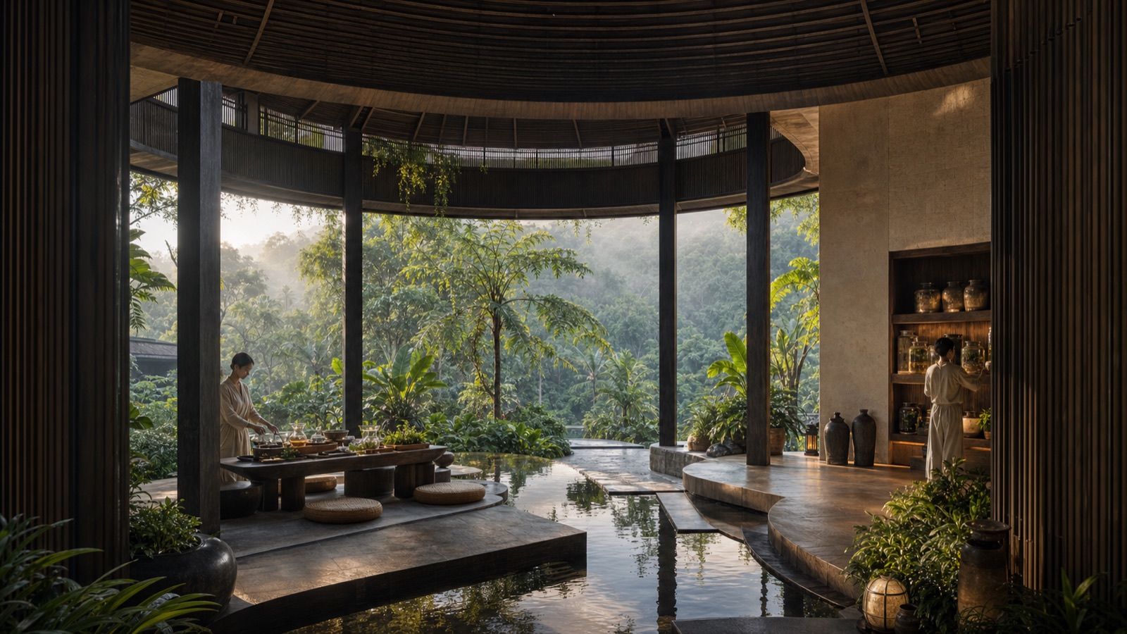Conceptual first-light pavilion with water, tropical planting and a living-food atelier