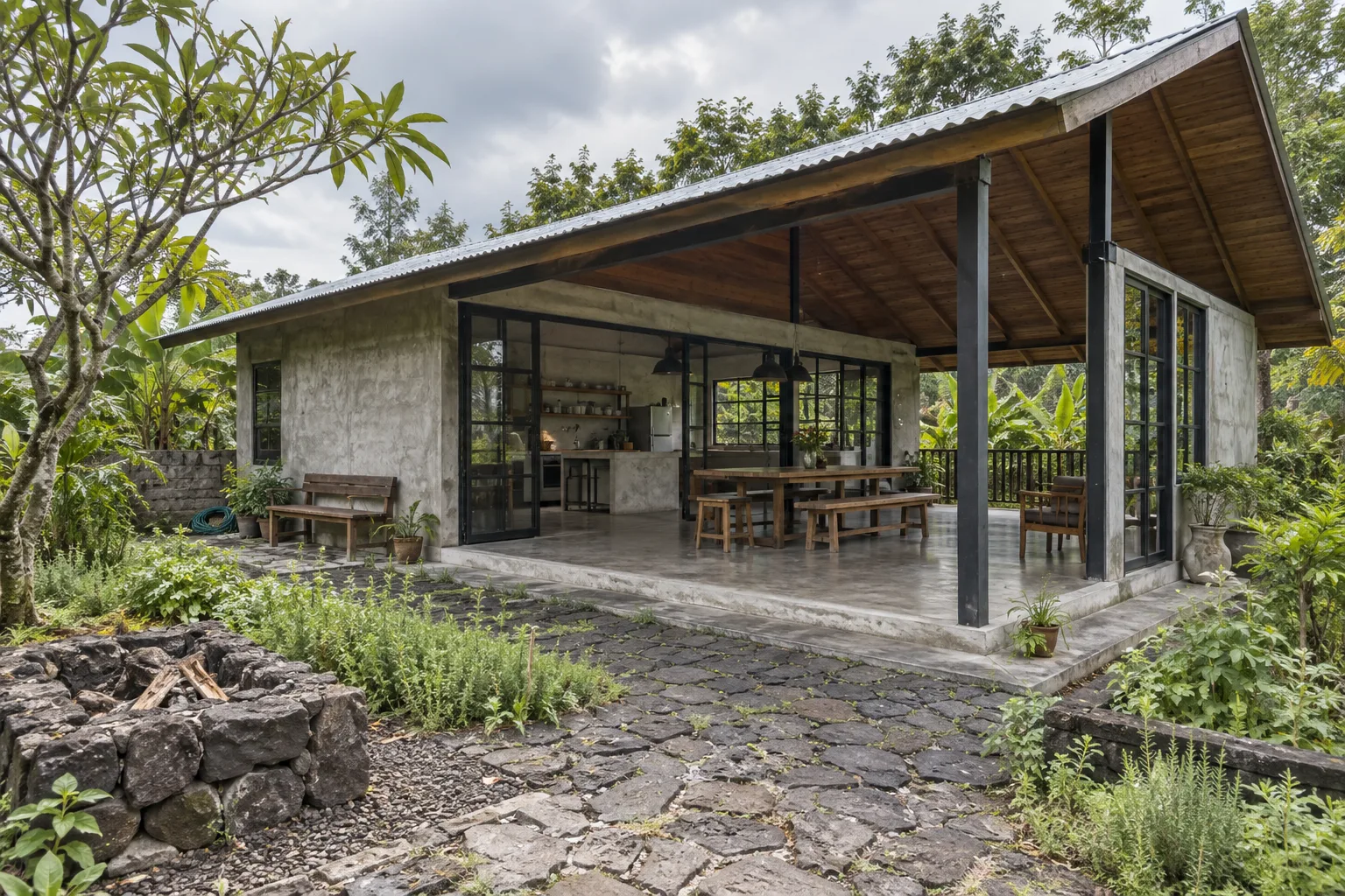 AI concept of a modest concrete and steel common house opening toward a volcanic-stone garden court