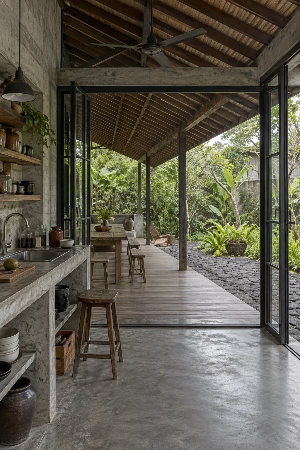 AI concept looking from a concrete kitchen through open steel framed doors toward a sheltered timber veranda