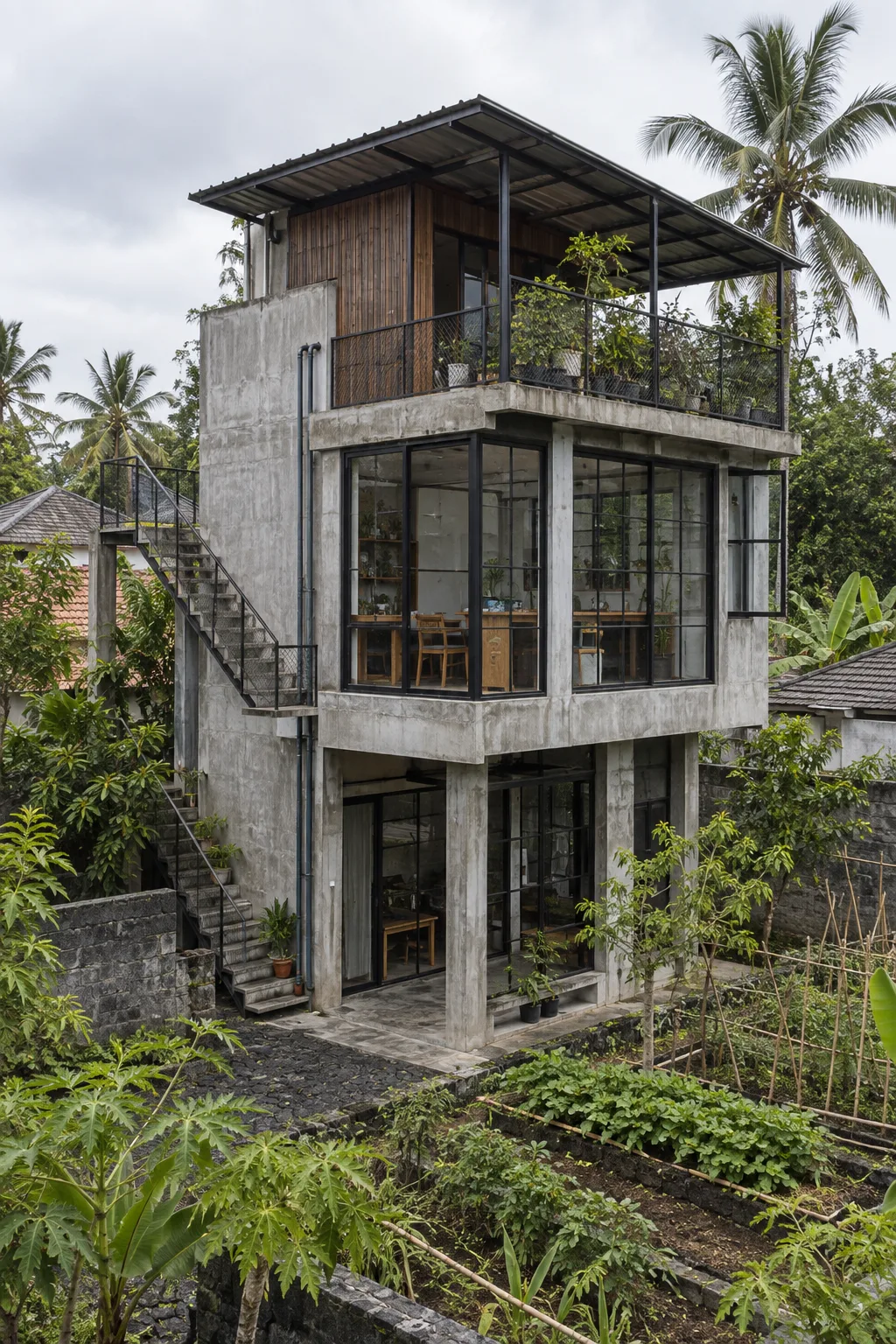 AI alternative study of a compact concrete steel and timber building with staggered floors and a planted upper terrace