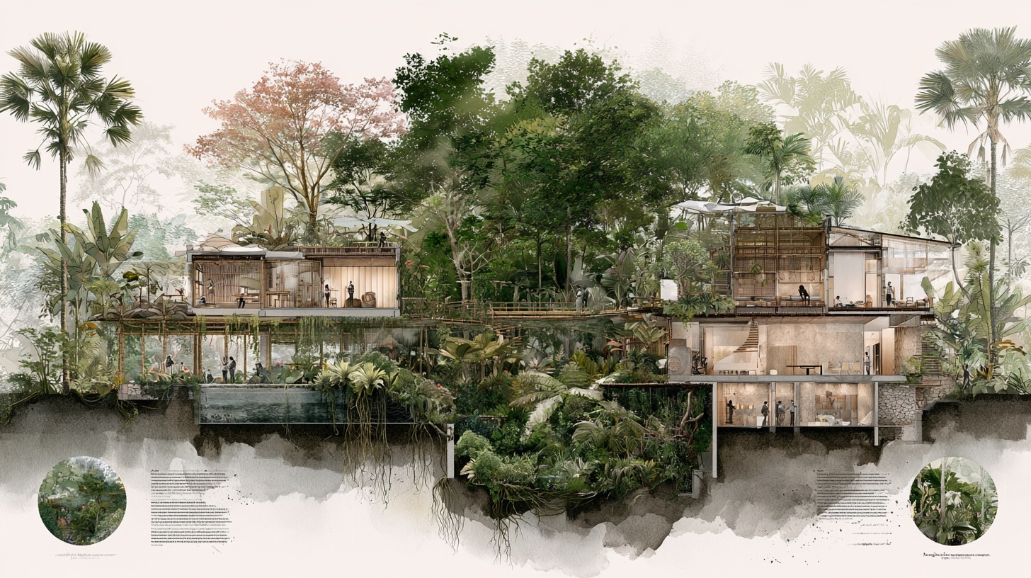 Conceptual architectural section through a low circular tropical sanctuary, its planted centre and shaded thresholds