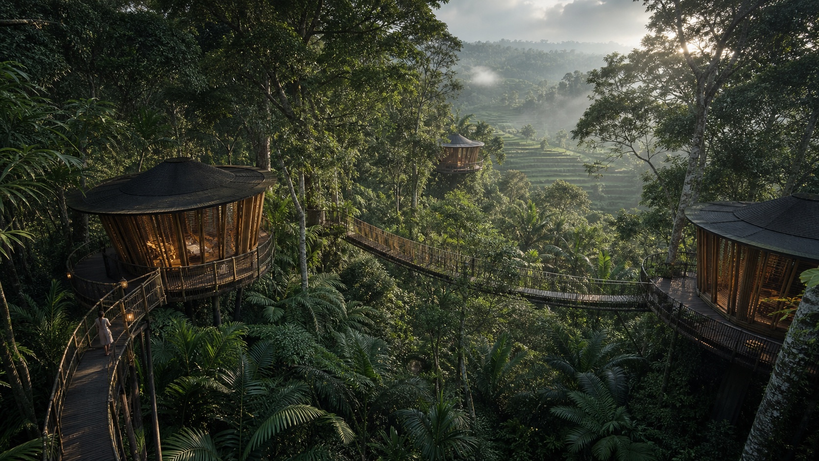 AI-assisted concept of lightweight circular forest cabins connected by a restrained elevated canopy walk in dense tropical vegetation