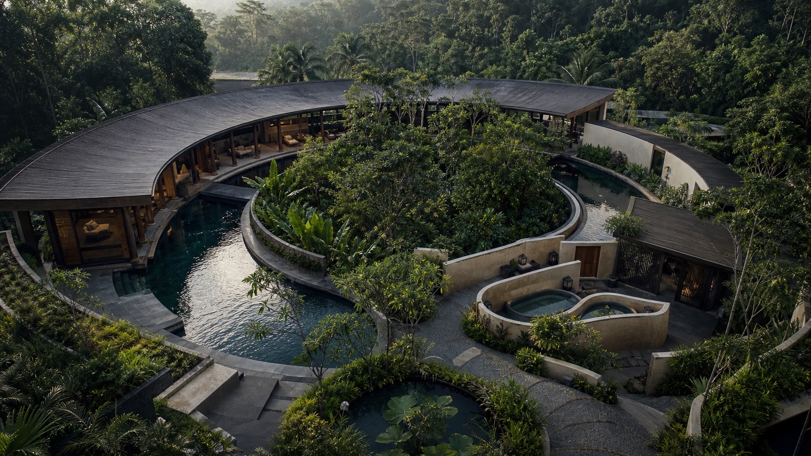 AI-assisted aerial concept of a crescent pool and hydrotherapy basins surrounding a protected planted circular centre