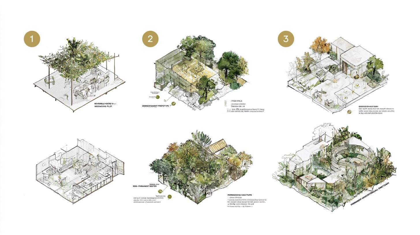 Architectural phasing study comparing pilot, prototype and permanent emBaliment spatial commitments