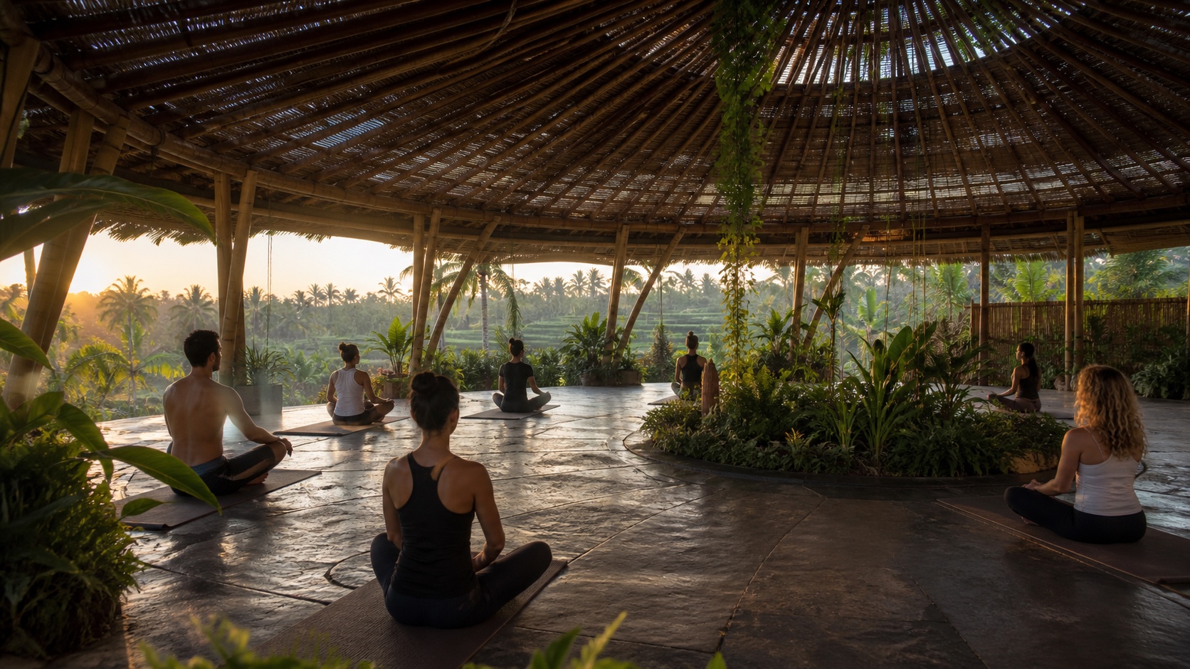 Open circular yoga shala at first light with radial bamboo structure, planted centre and rice-field horizon