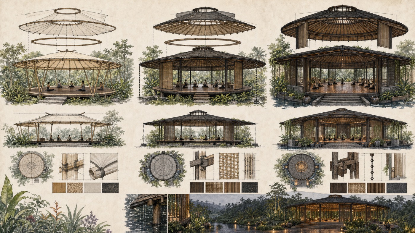 Conceptual architectural study showing three scales of circular tropical yoga shala with radial roof structure, sections, plans, joinery and botanical setting